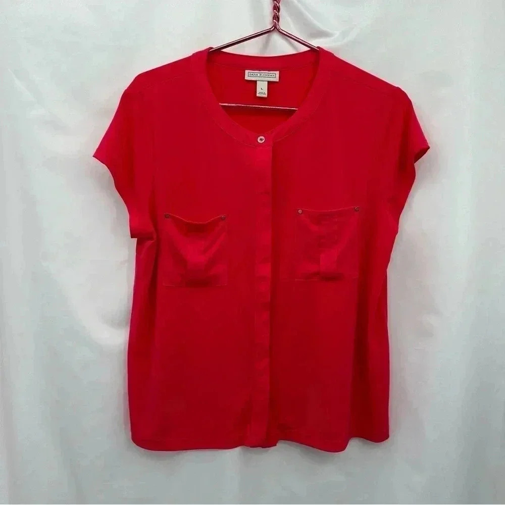Dana Buchman Button Front Top Women L Red Short Sleeve Studded Pocket Blouse
